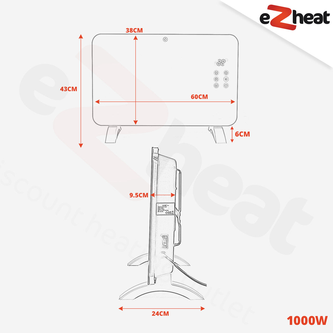 1000W Smart Wi-Fi Glass Panel Radiator Dimensions