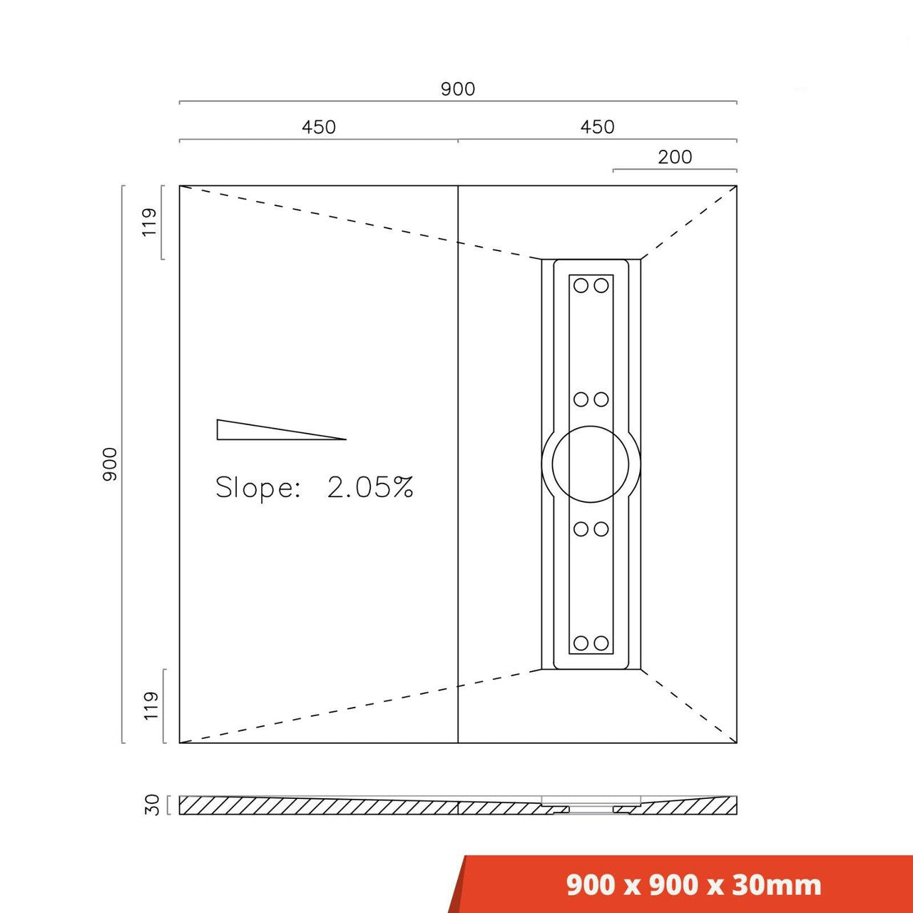Linear Wetroom Shower Tray Tile On Split Former Waste Tanking 900 x 900 x 30mm