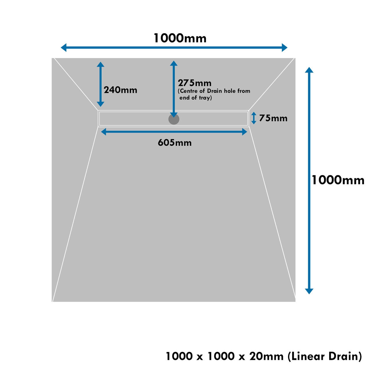 1000 x 1000 x 20mm Linear Wet Room Shower Trays