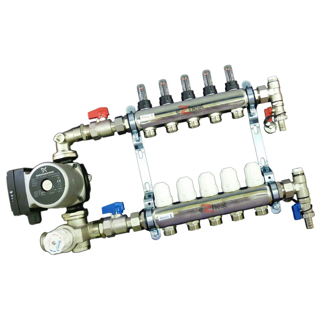 Stainless Steel 5 Port / 5 Loop Underfloor Heating Manifold c/w Ball Valves