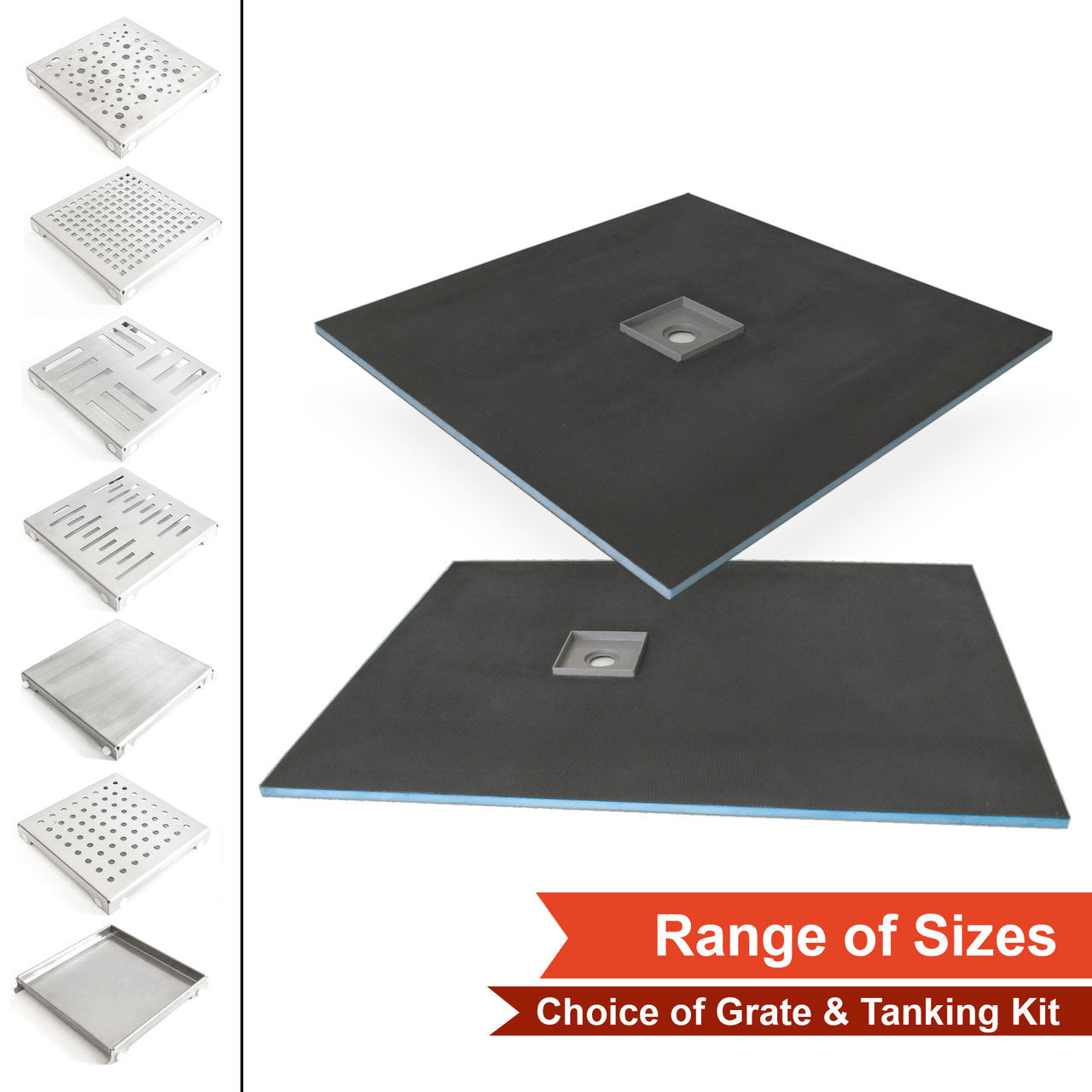 Wet Room Shower Tray Kits with Wetroom Waste - Choice of Grate - Various Sizes
