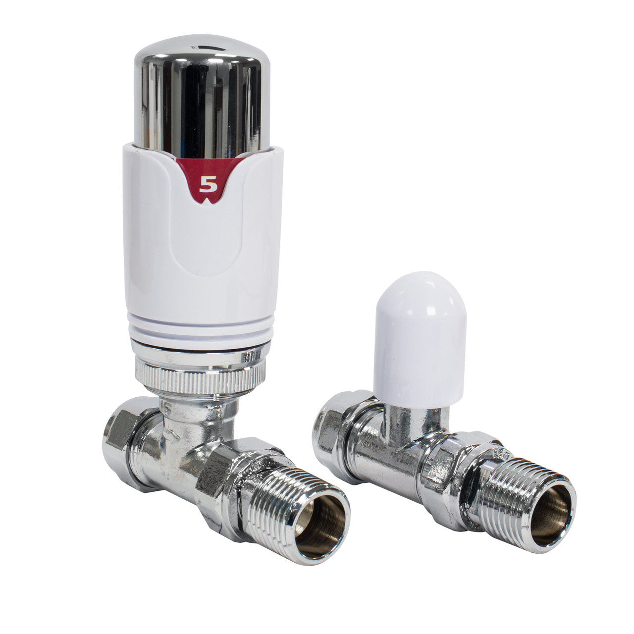 Thermostatic TRV Straight Radiator Valves 1/2" x 15mm Lockshield Pack (White Chrome)