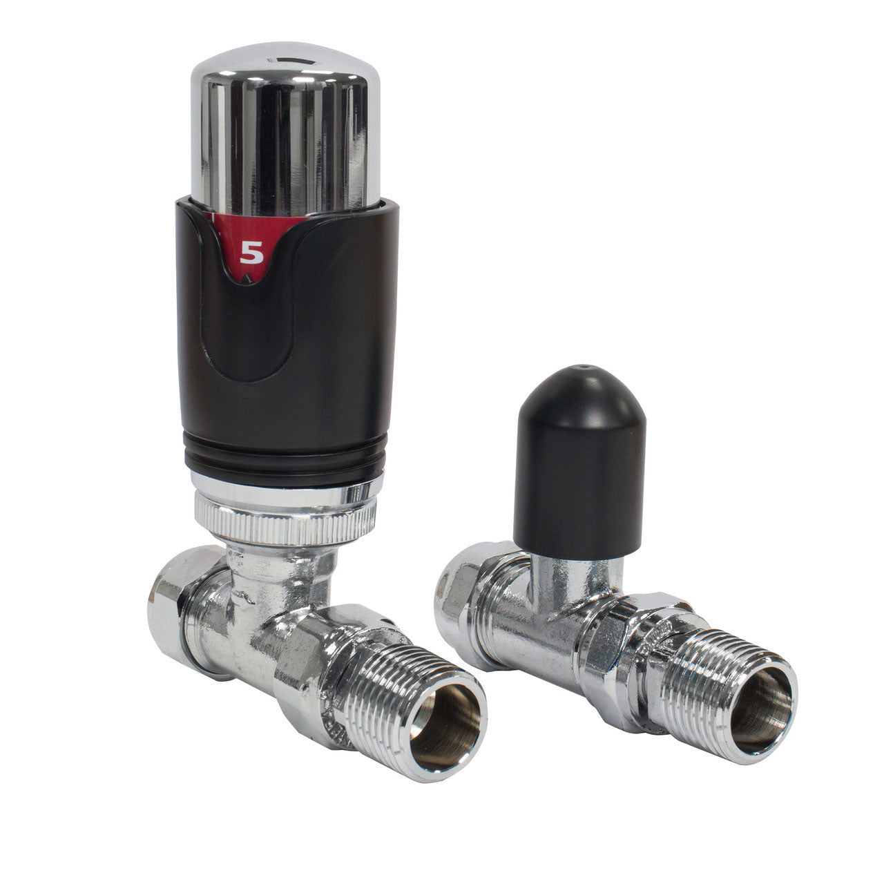 Thermostatic TRV Straight Radiator Valves 1/2" x 15mm Lockshield Pack (Black Chrome)