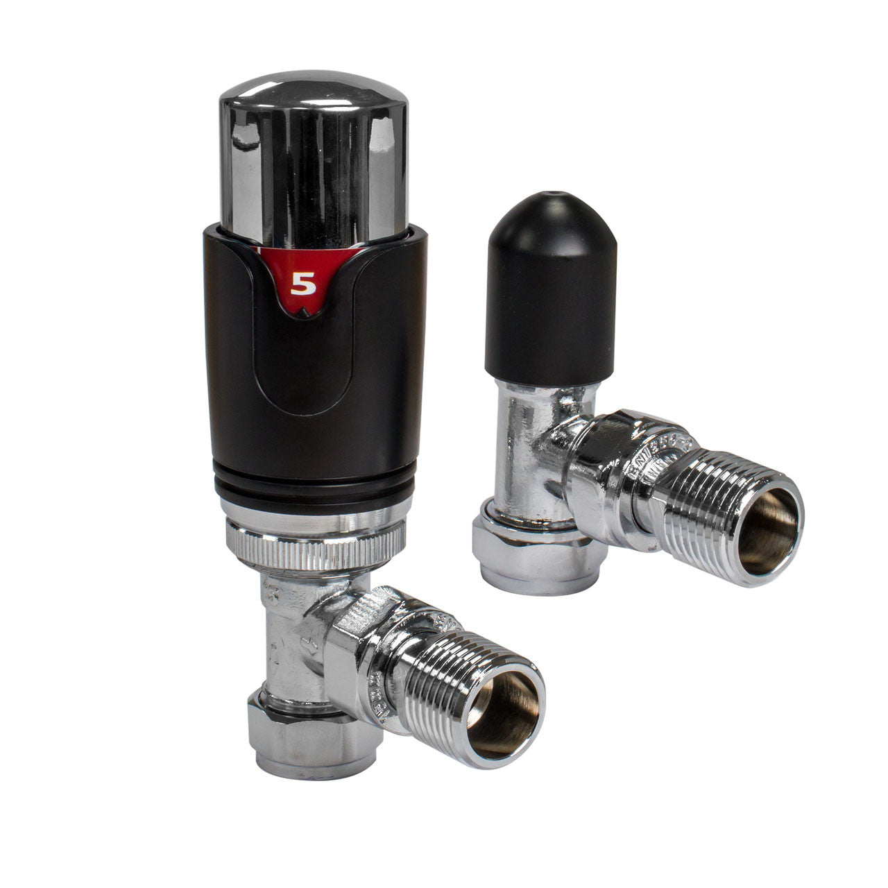 Thermostatic TRV Angled Radiator Valves 1/2" x 15mm Lockshield Pack (Black Chrome)