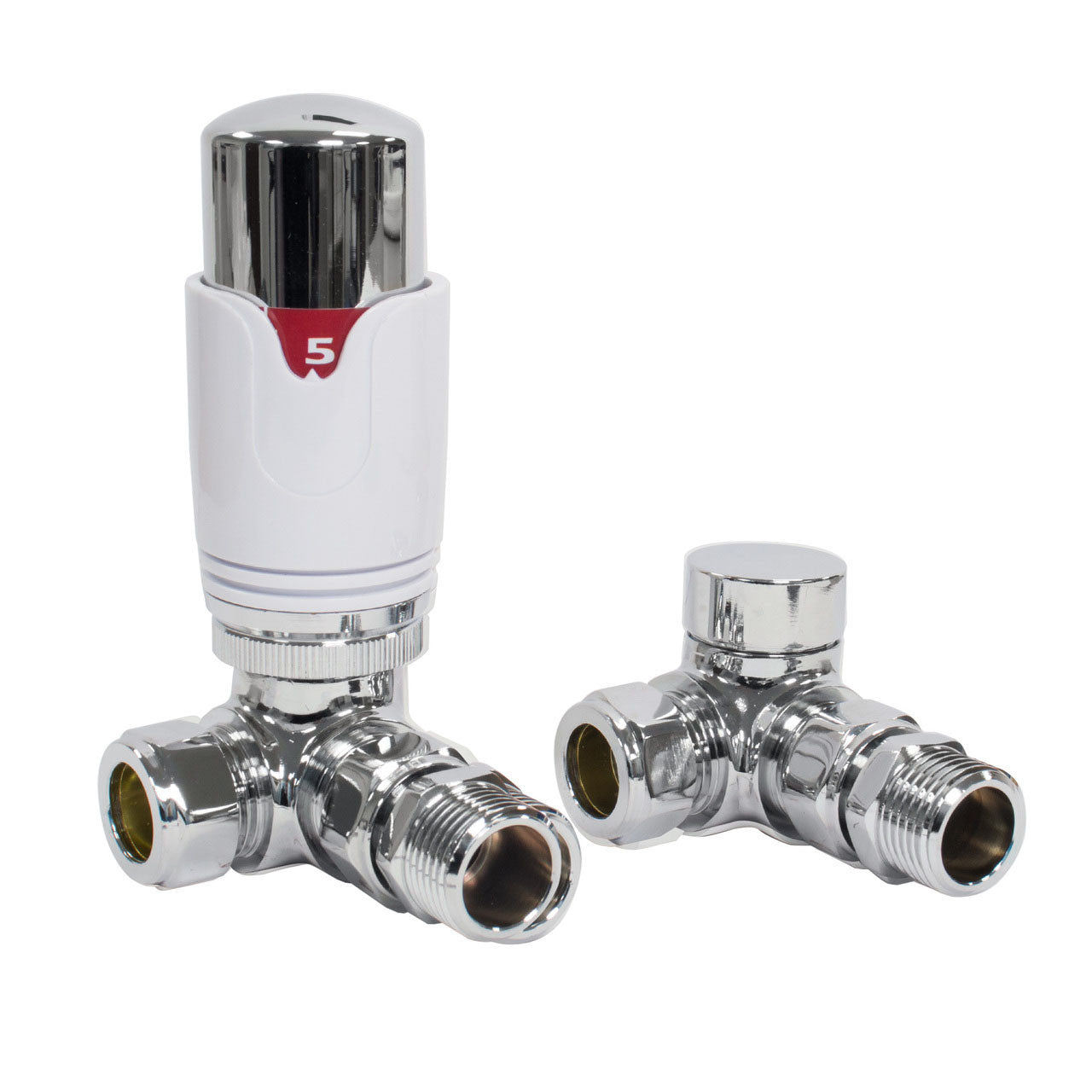Thermostatic TRV Corner Radiator Valves 1/2" x 15mm Lockshield Pack (White Chrome)