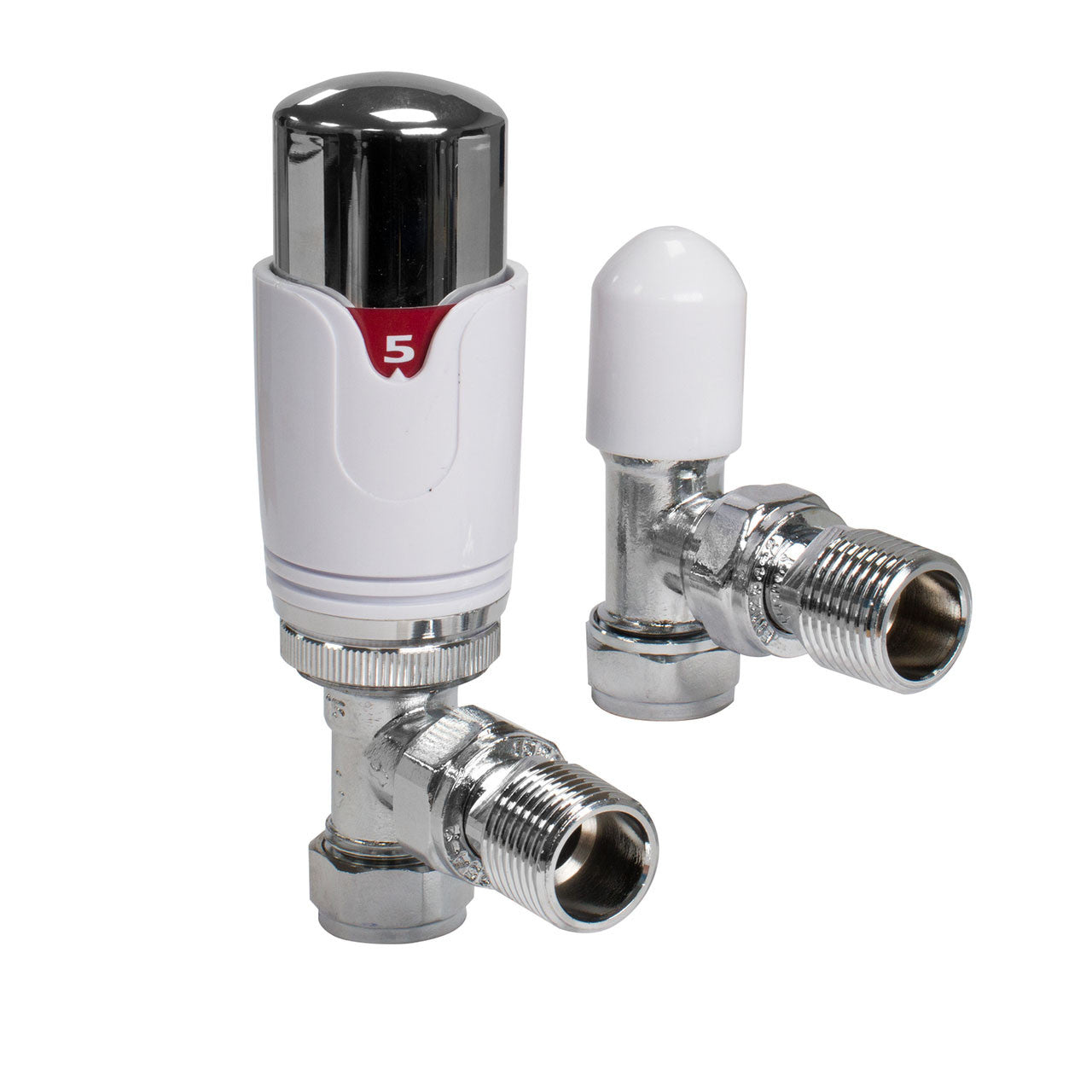 Thermostatic TRV Angled Radiator Valves 1/2" x 15mm Lockshield Pack (White & Chrome)