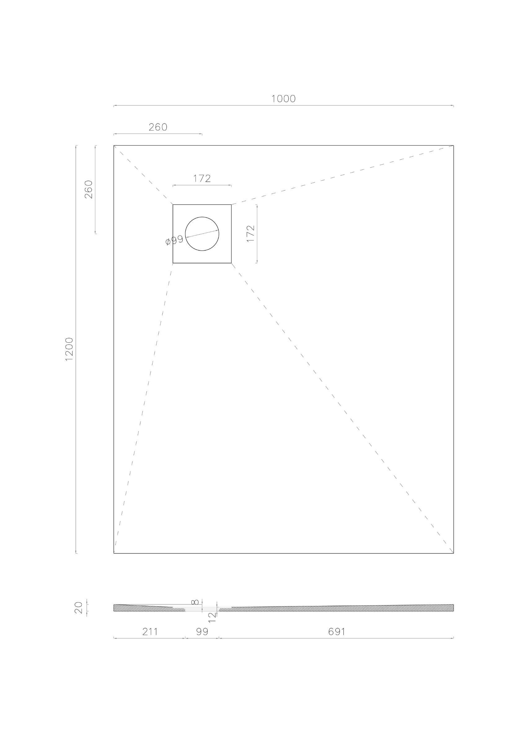 Wet room Kit Wetroom Rectangular Walk in Shower Tray Base with Right Side Drain