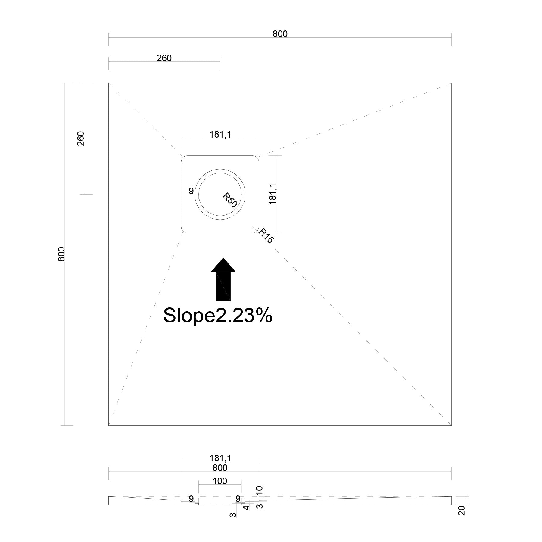 Corner Square-Drain Wet Room Shower Tray Former with Waste