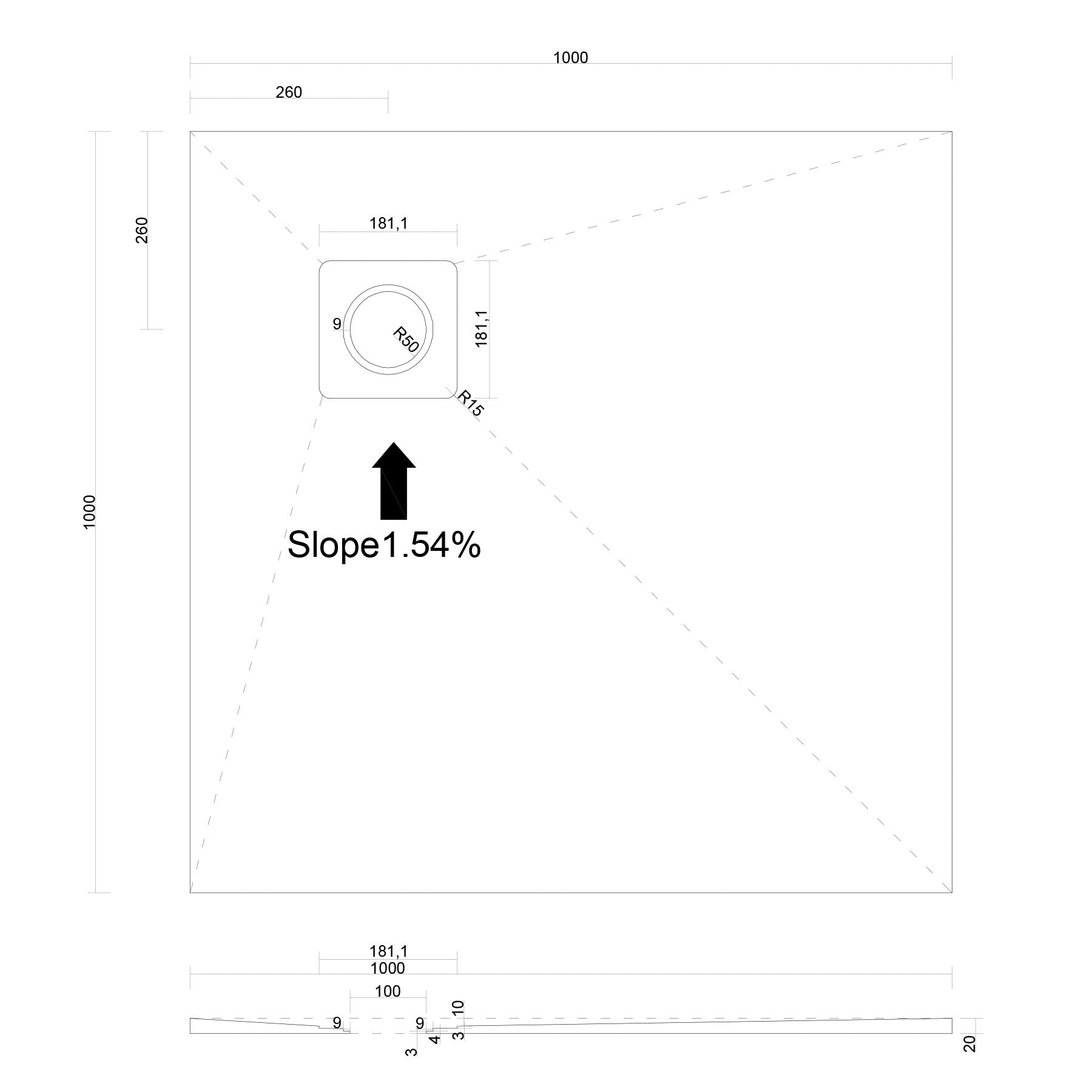 Corner Square-Drain Wet Room Shower Tray Former with Waste