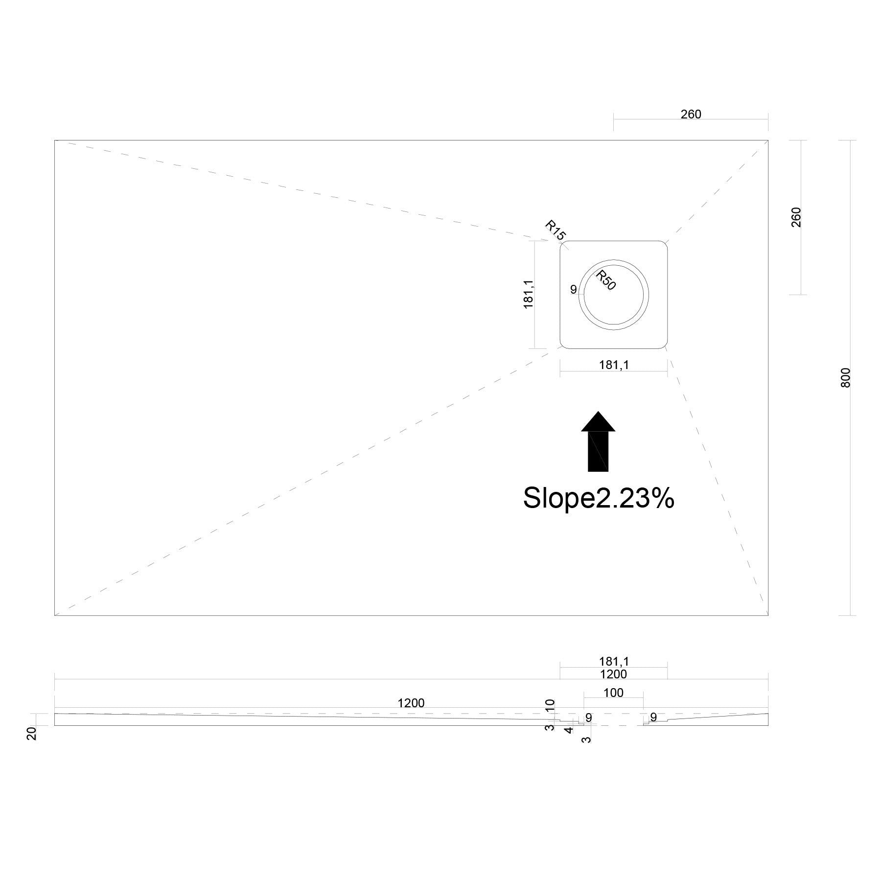 Corner Square-Drain Wet Room Shower Tray Former with Waste