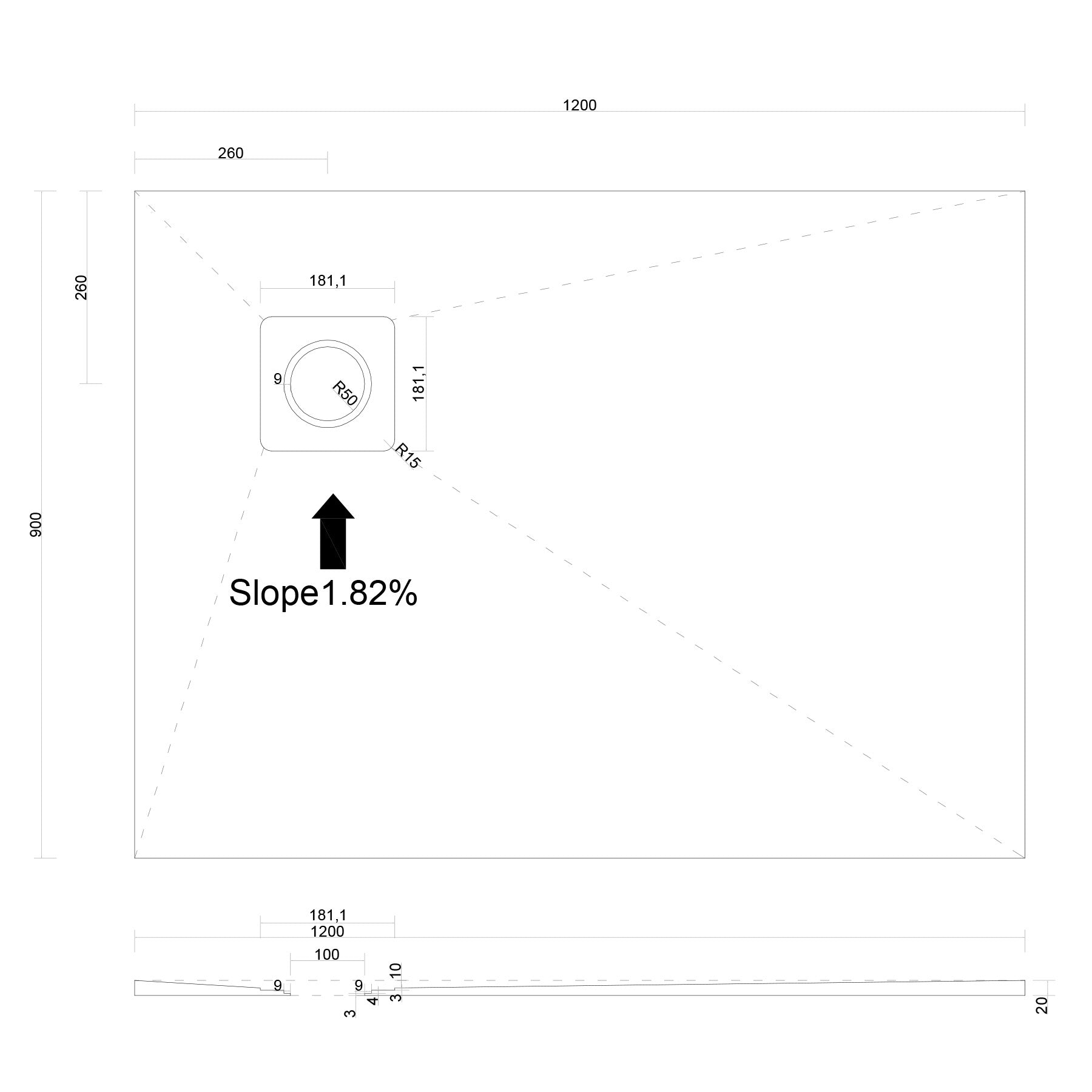 Corner Square-Drain Wet Room Shower Tray Former with Waste