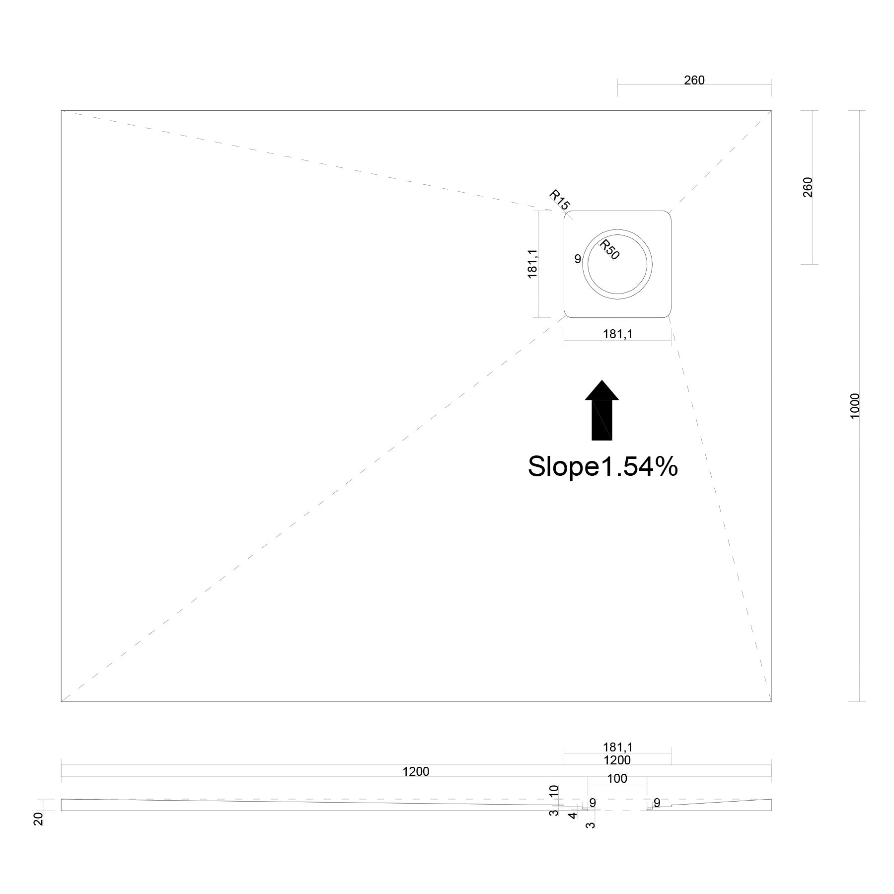 Corner Square-Drain Wet Room Shower Tray Former with Waste