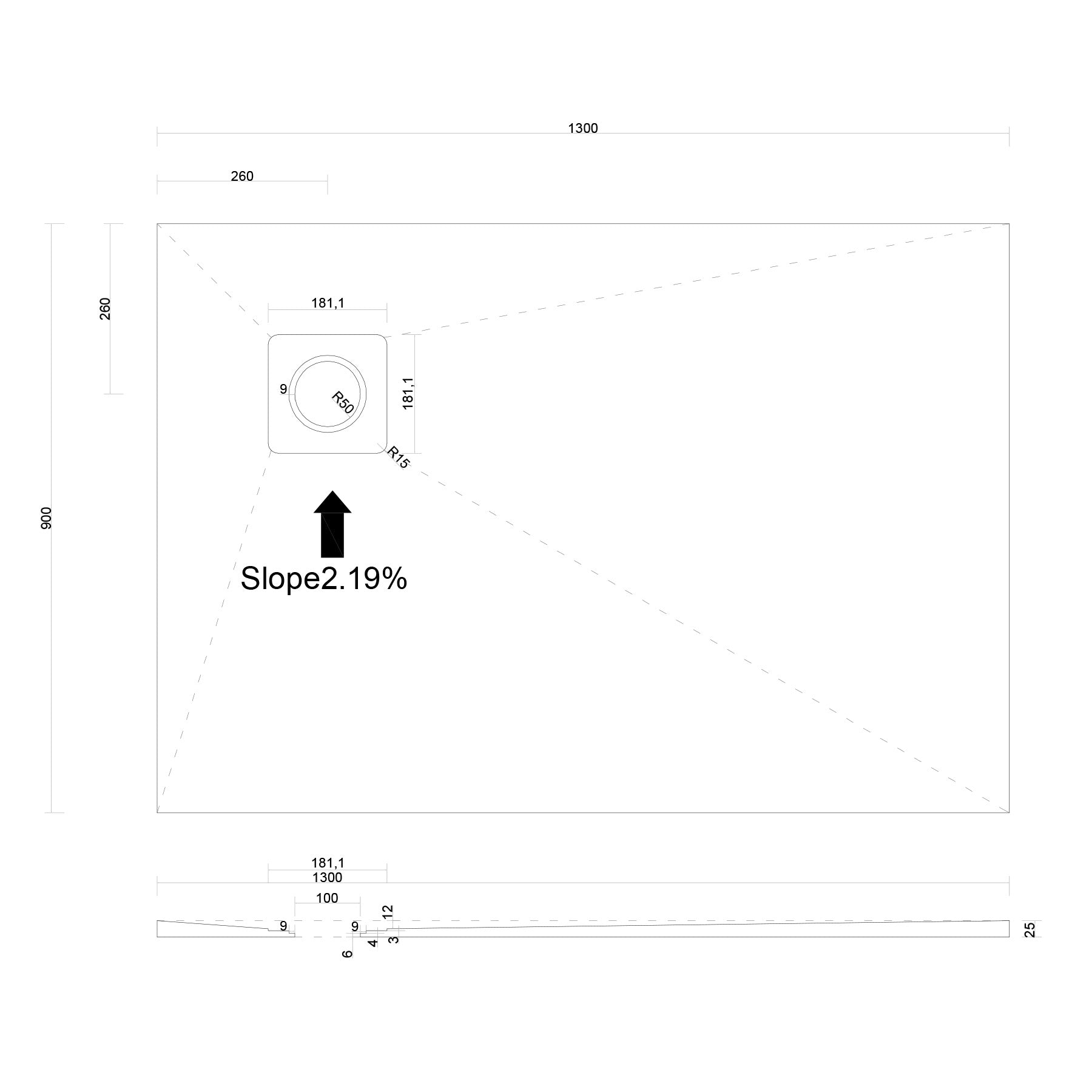 Corner Square-Drain Wet Room Shower Tray Former with Waste