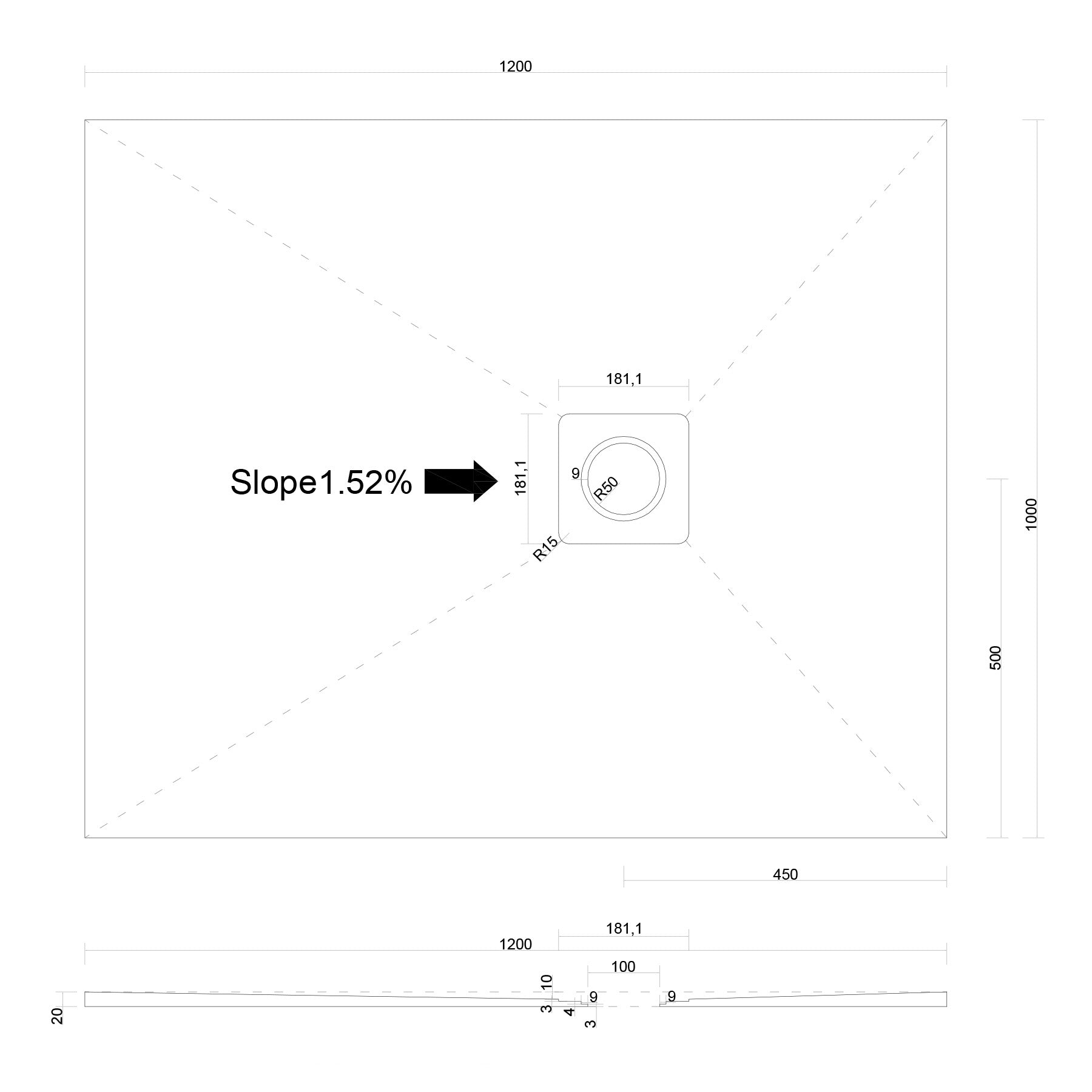 Offset Square Drain Wet Room Shower Tray Former with Waste