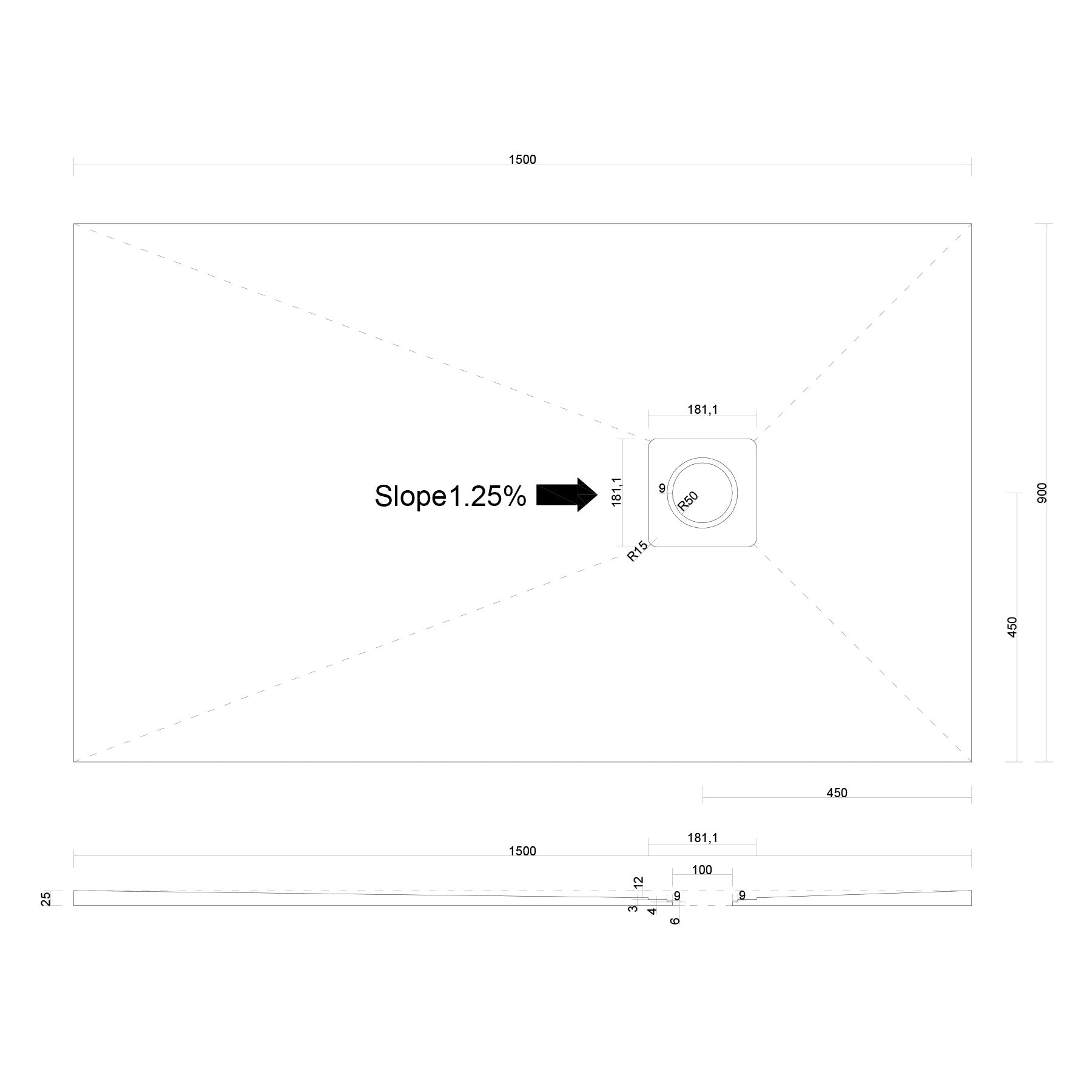 Offset Square Drain Wet Room Shower Tray Former with Waste