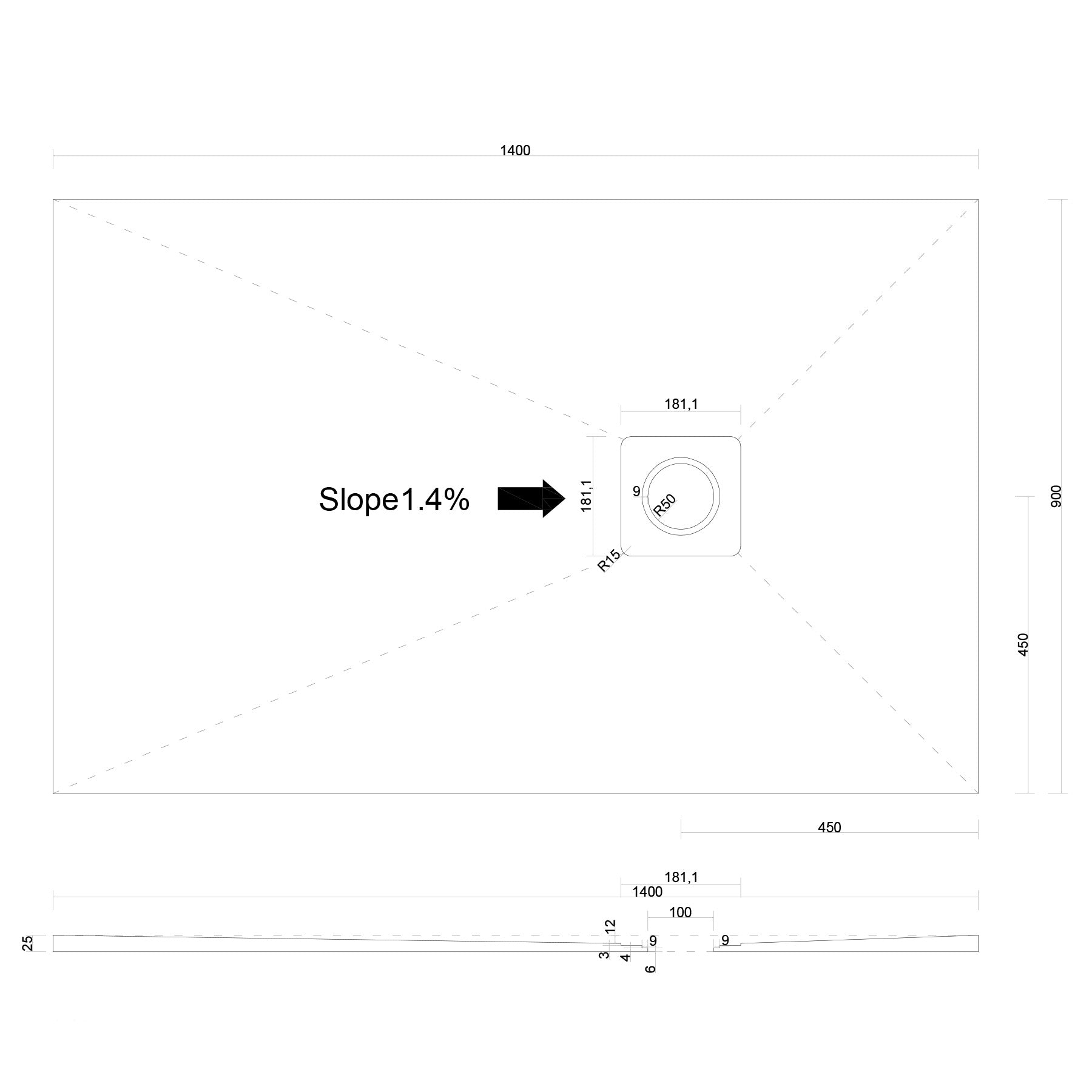 Offset Square Drain Wet Room Shower Tray Former with Waste