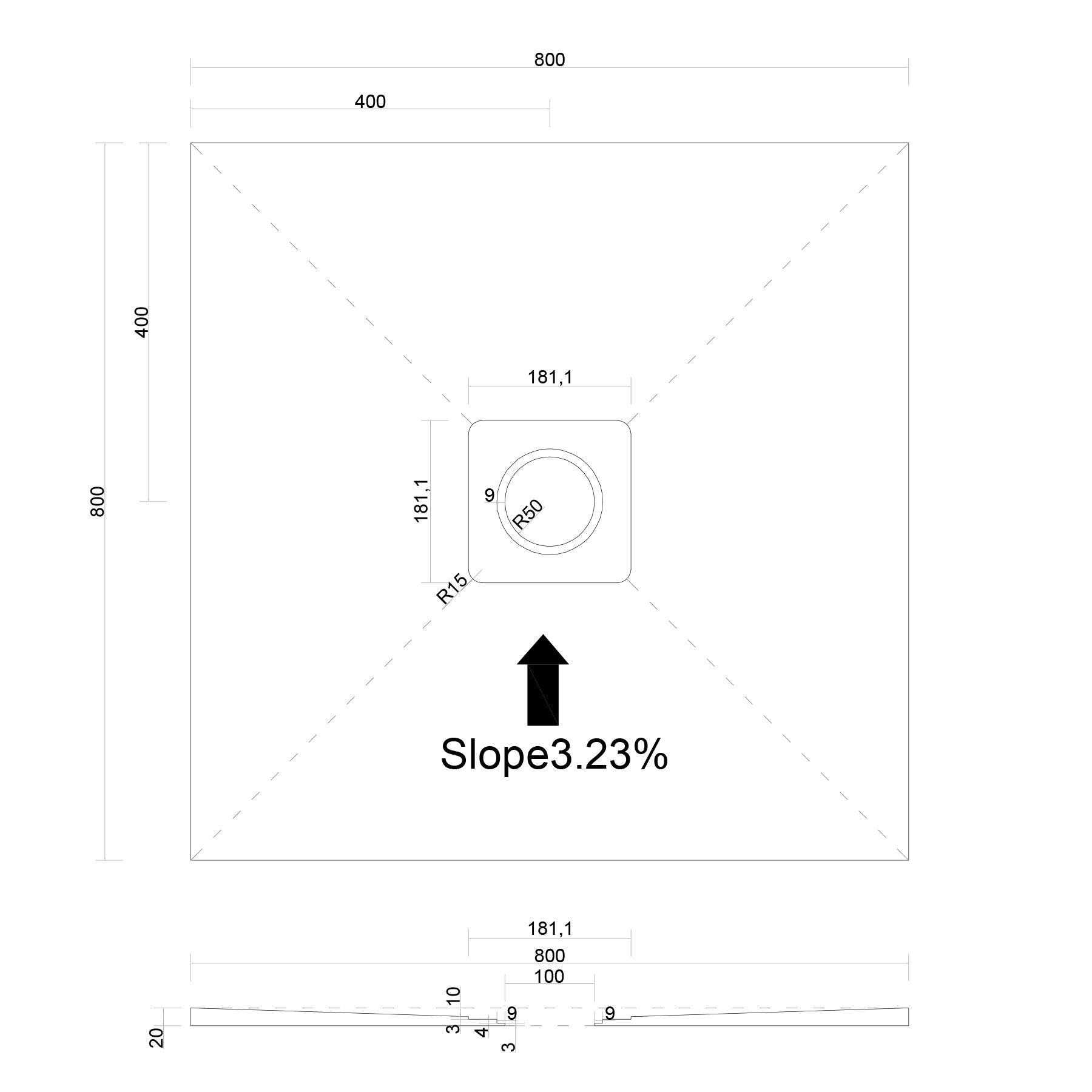 Centre Square Drain Wet Room Shower Tray Former with Waste