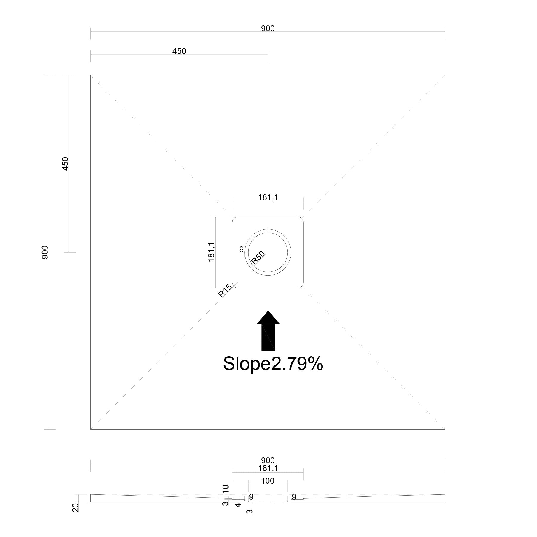 Centre Square Drain Wet Room Shower Tray Former with Waste