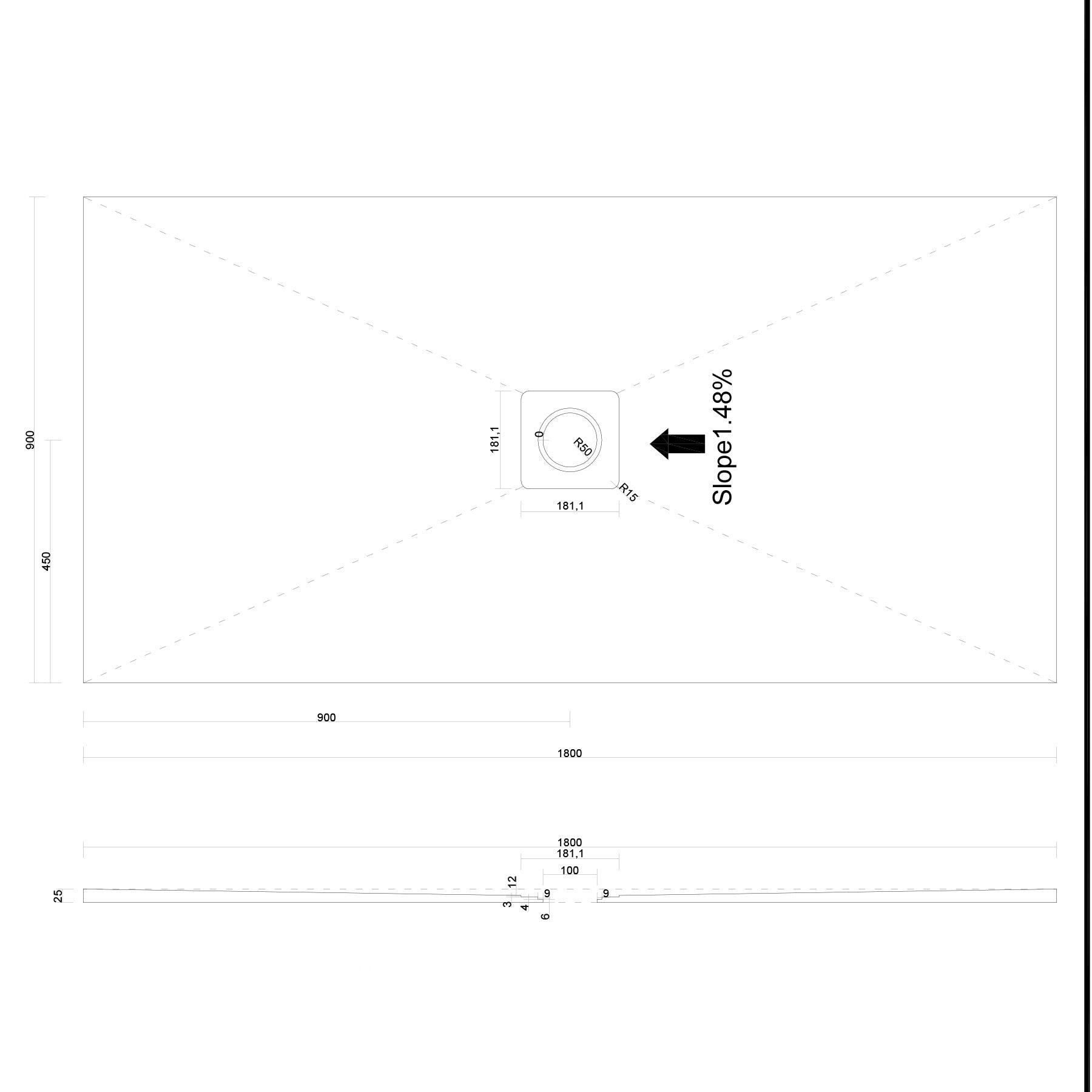 Centre Square Drain Wet Room Shower Tray Former with Waste