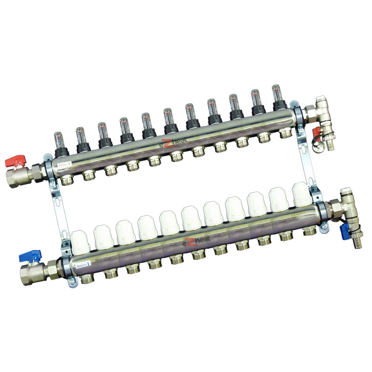 Stainless Steel 11 Port / 11 Loop Underfloor Heating Manifold c/w Ball Valves