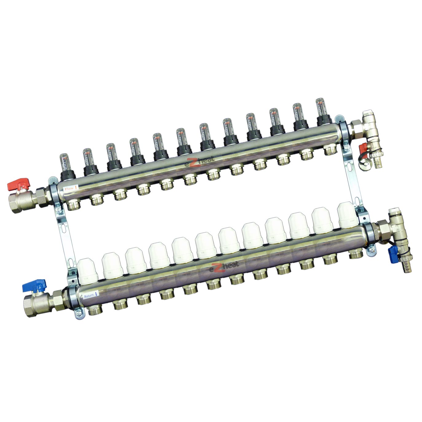 Stainless Steel 12 Port / 12 Loop Underfloor Heating Manifold c/w Ball Valves