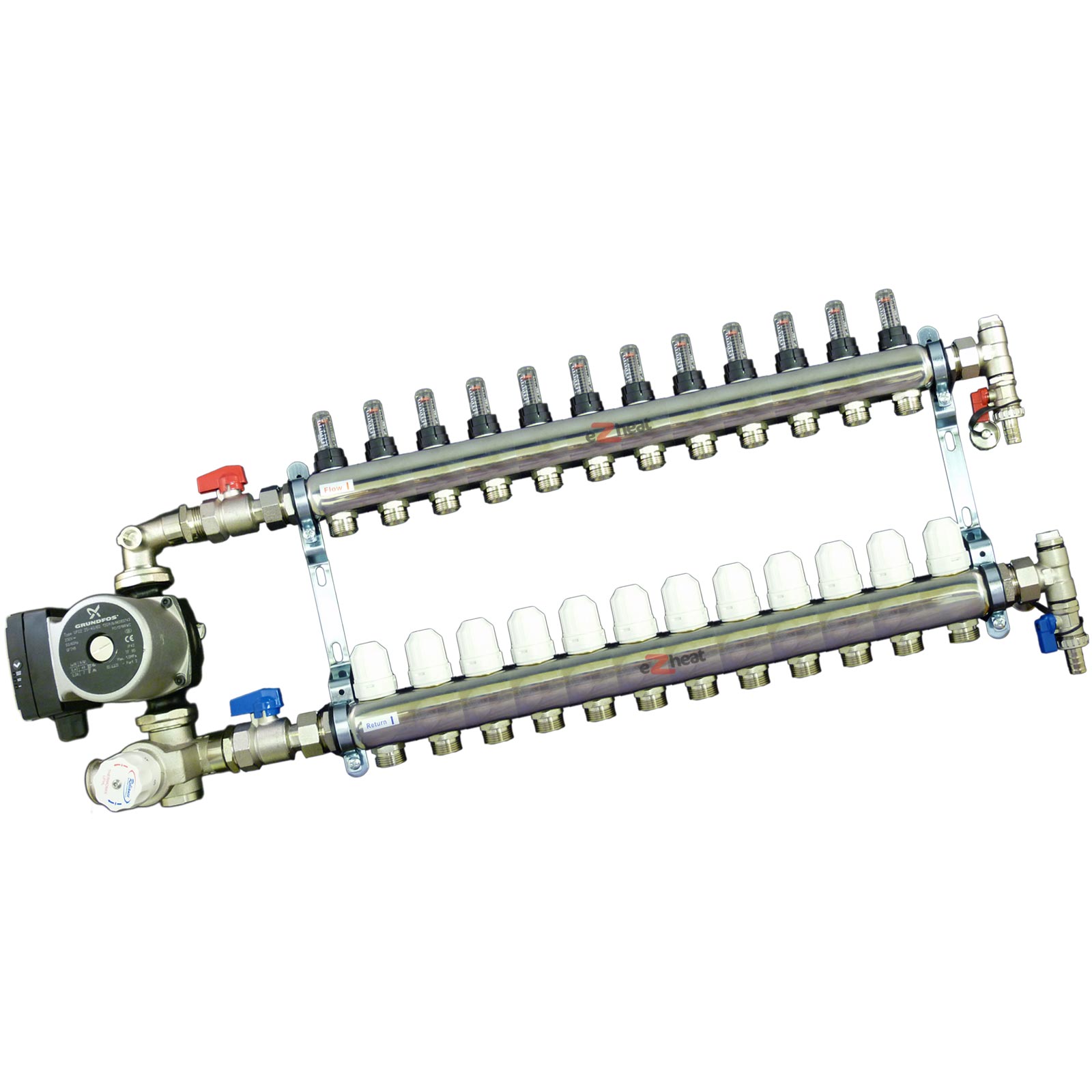 Stainless Steel 12 Port / 12 Loop Underfloor Heating Manifold c/w Ball Valves
