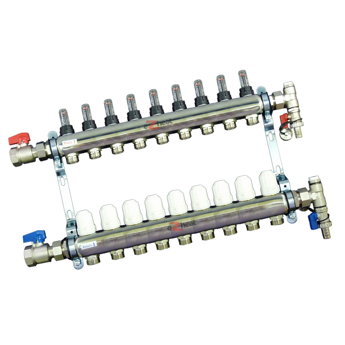 Stainless Steel 9 Port / 9 Loop Underfloor Heating Manifold c/w Ball Valves
