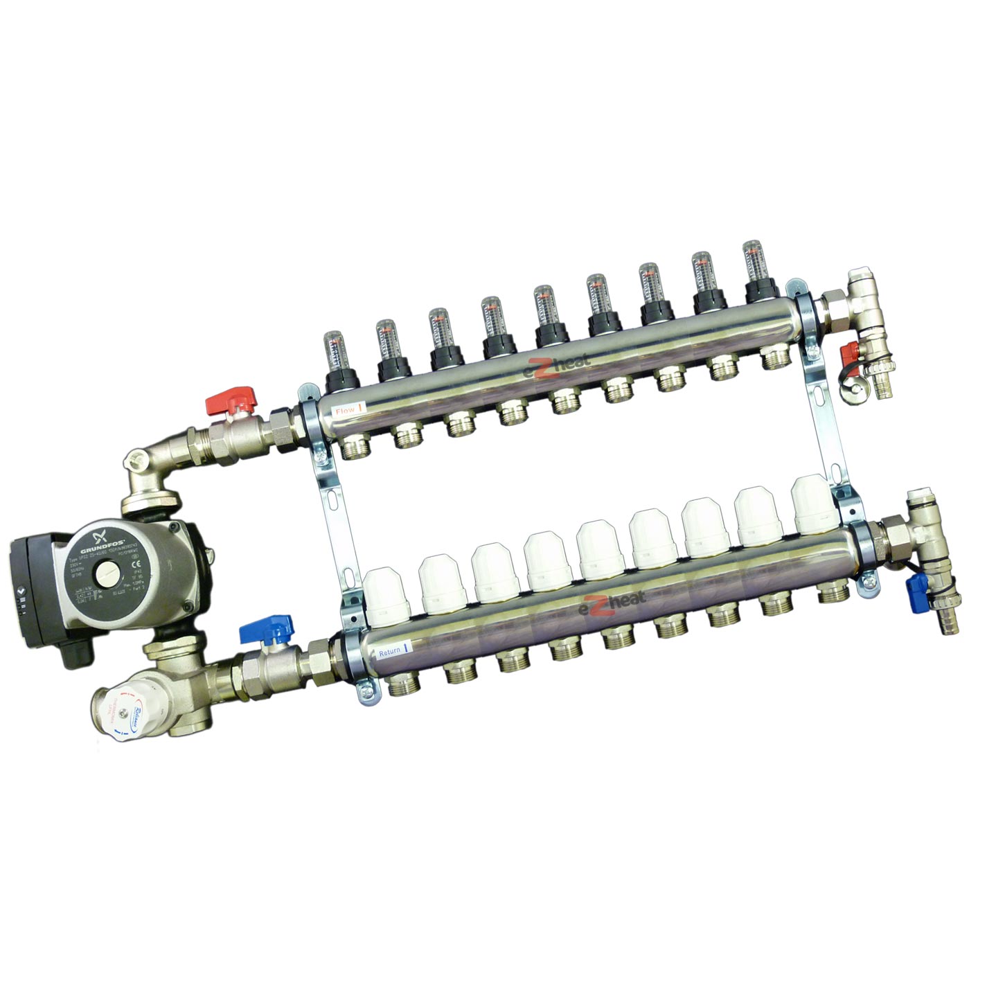 Stainless Steel 9 Port / 9 Loop Underfloor Heating Manifold c/w Ball Valves