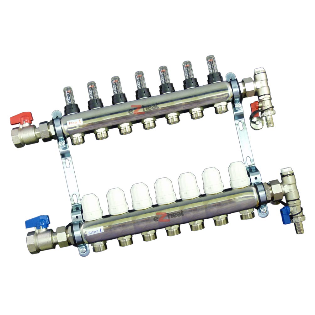 Stainless Steel 7 Port / 7 Loop Underfloor Heating Manifold c/w Ball Valves