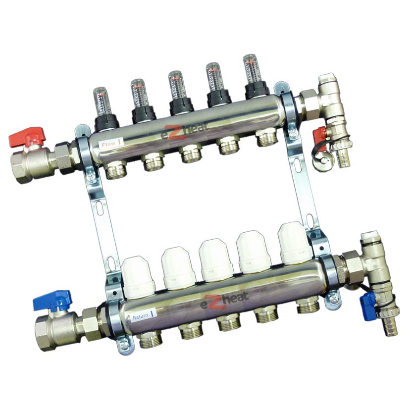 Stainless Steel 5 Port / 5 Loop Underfloor Heating Manifold c/w Ball Valves