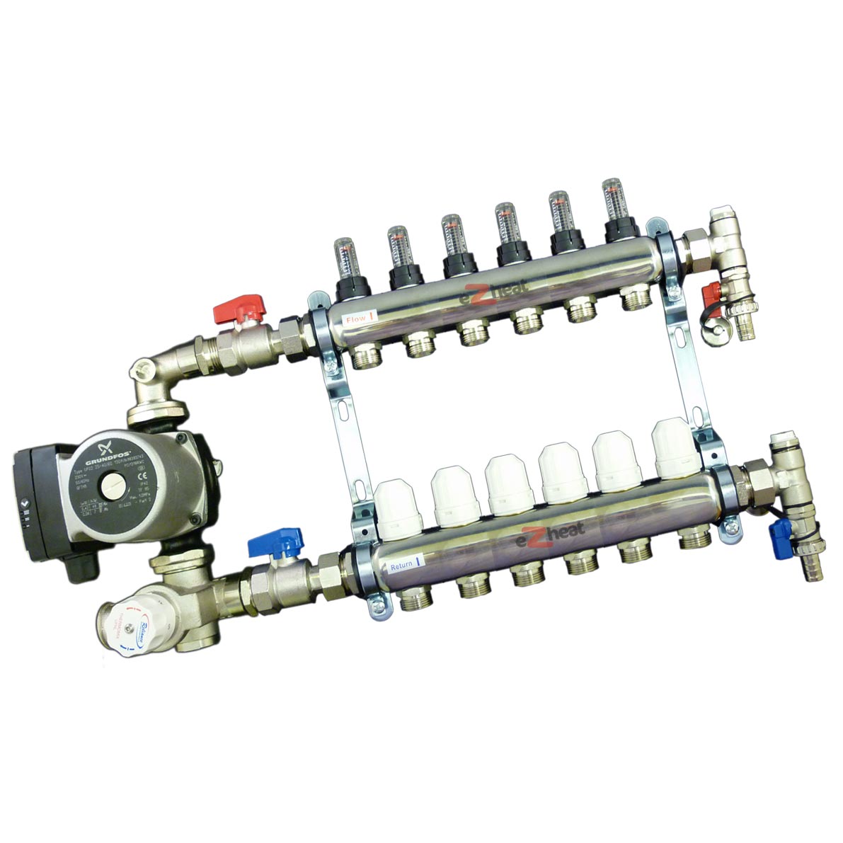 Stainless Steel 6 Port / 6 Loop Underfloor Heating Manifold c/w Ball Valves