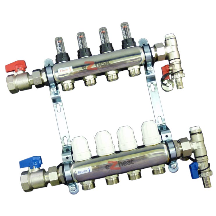 Stainless Steel 4 Port / 4 Loop Underfloor Heating Manifold c/w Ball Valves