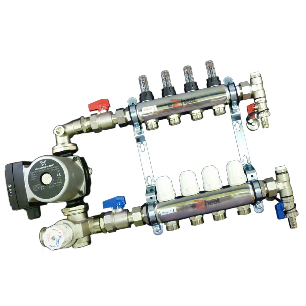 Stainless Steel 4 Port / 4 Loop Underfloor Heating Manifold c/w Ball Valves