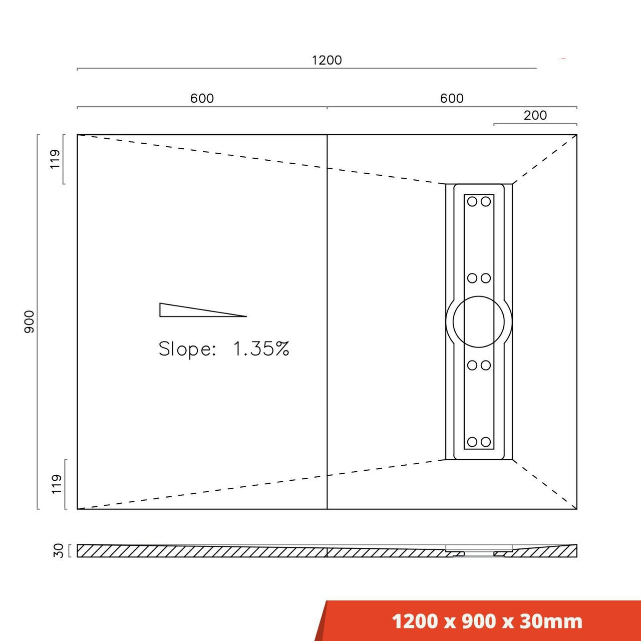 Linear Wetroom Shower Tray Tile On Former Waste Tanking Kit - 1200 x 900 x 30mm