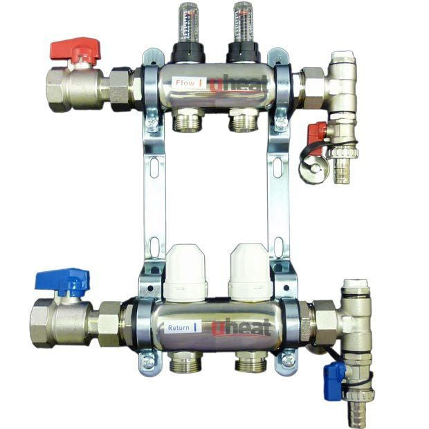 Stainless Steel 2 Port / 2 Loop Underfloor Heating Manifold c/w Ball Valves