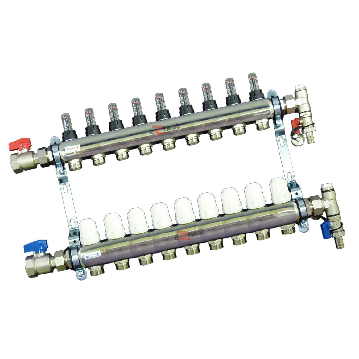 Stainless Steel 9 Port / 9 Loop Underfloor Heating Manifold c/w Ball Valves