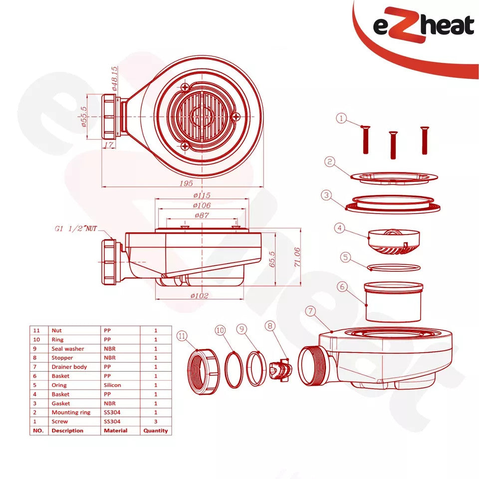 SMC Black Shower Trays Slate Stone Effect Holes Square Rectangle Base Non Slip