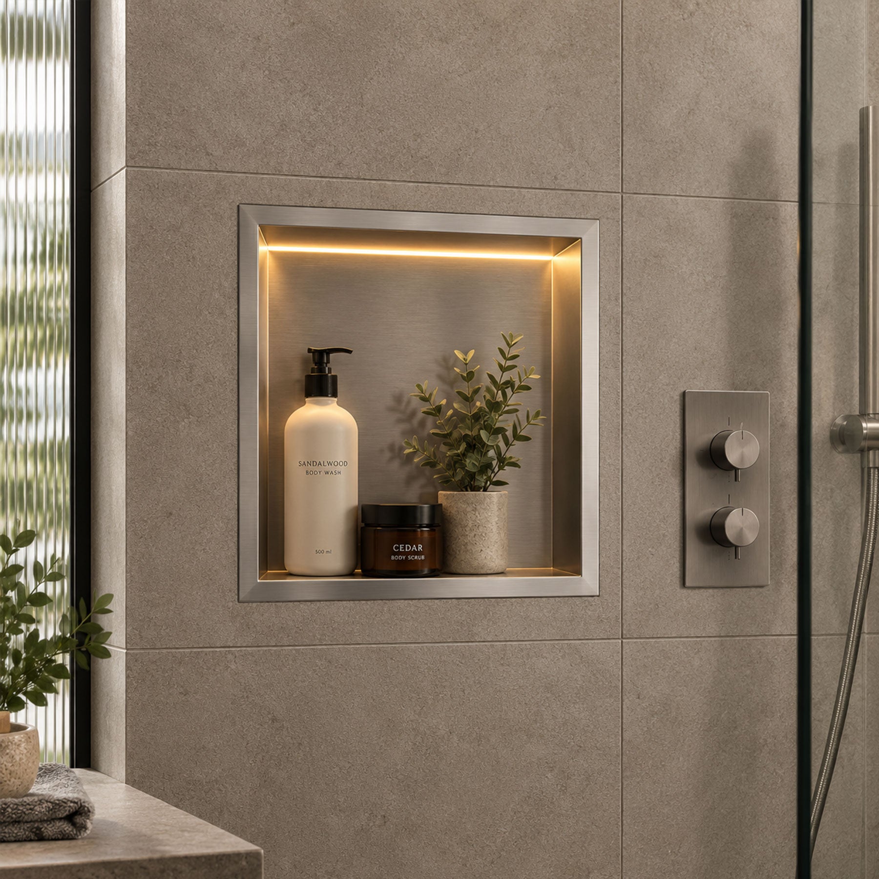 Brushed Stainless Steel Shower Niche with LED Light Colour Option