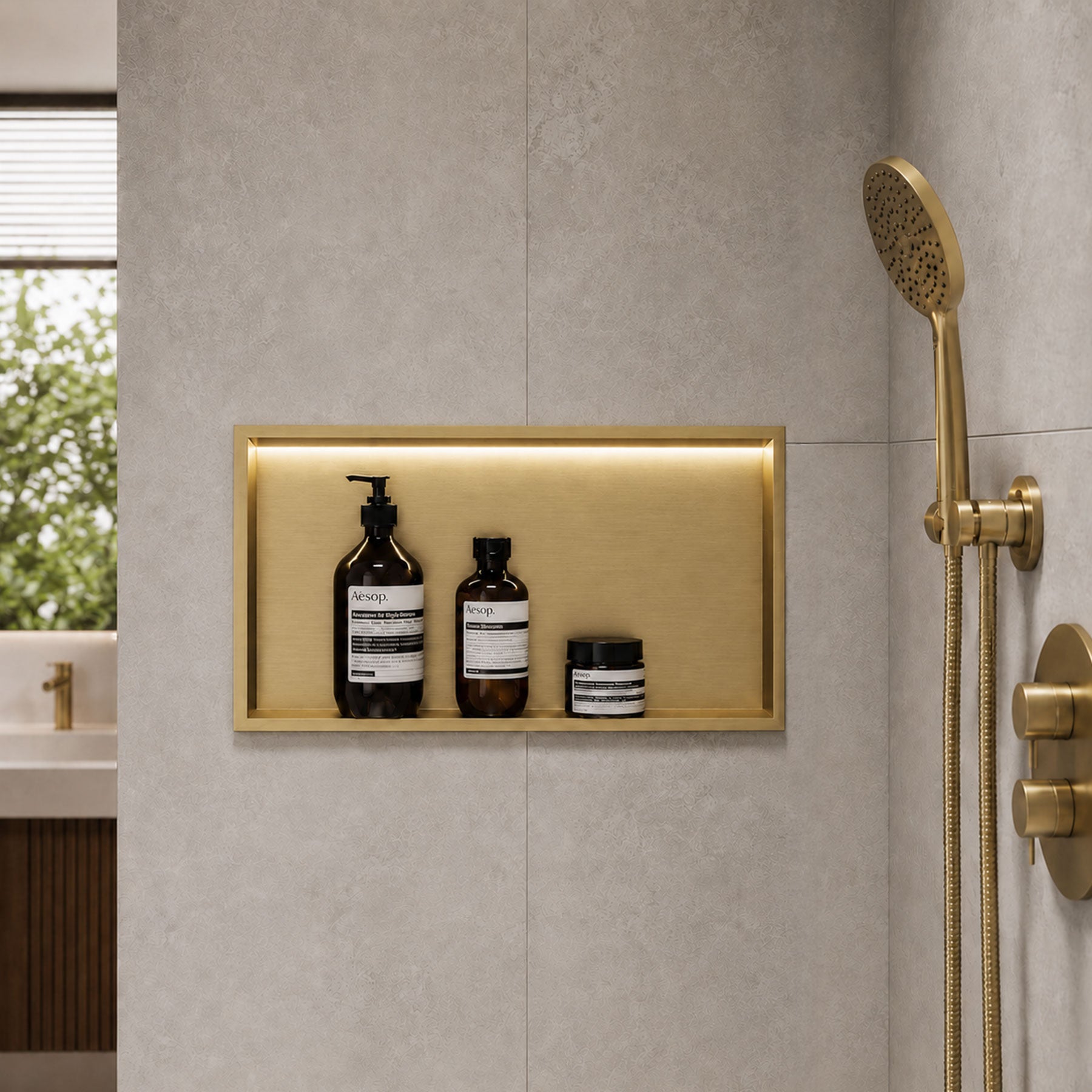 Brushed Brass Stainless Steel Shower Niche with LED Light Colour Option