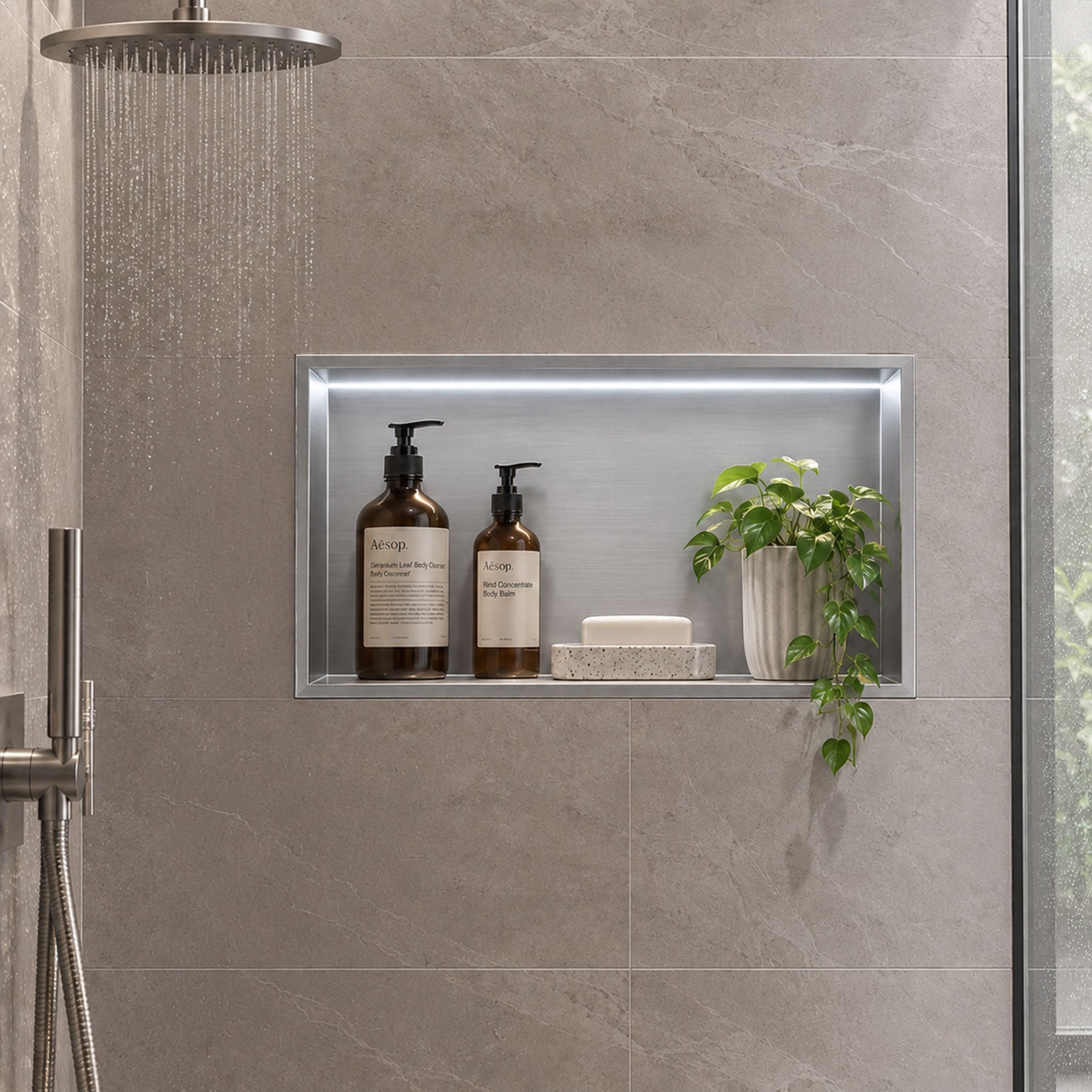 Brushed Stainless Steel Shower Niche with LED Light Colour Option