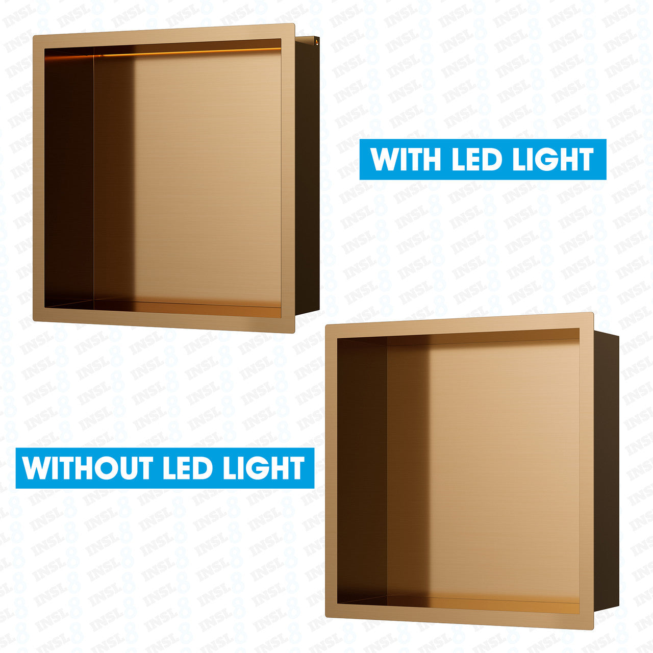 Rose Gold Stainless Steel Shower Niches – Standard & Shelved | Optional LED Lighting (BSN-RG/LED)