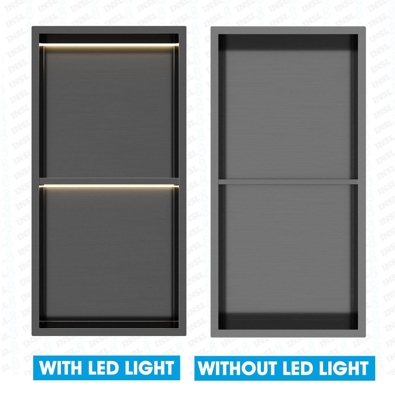 Gunmetal Black Stainless Steel Shower Niches – Standard & Shelved | Optional LED Lighting (BSN-GB/LED)