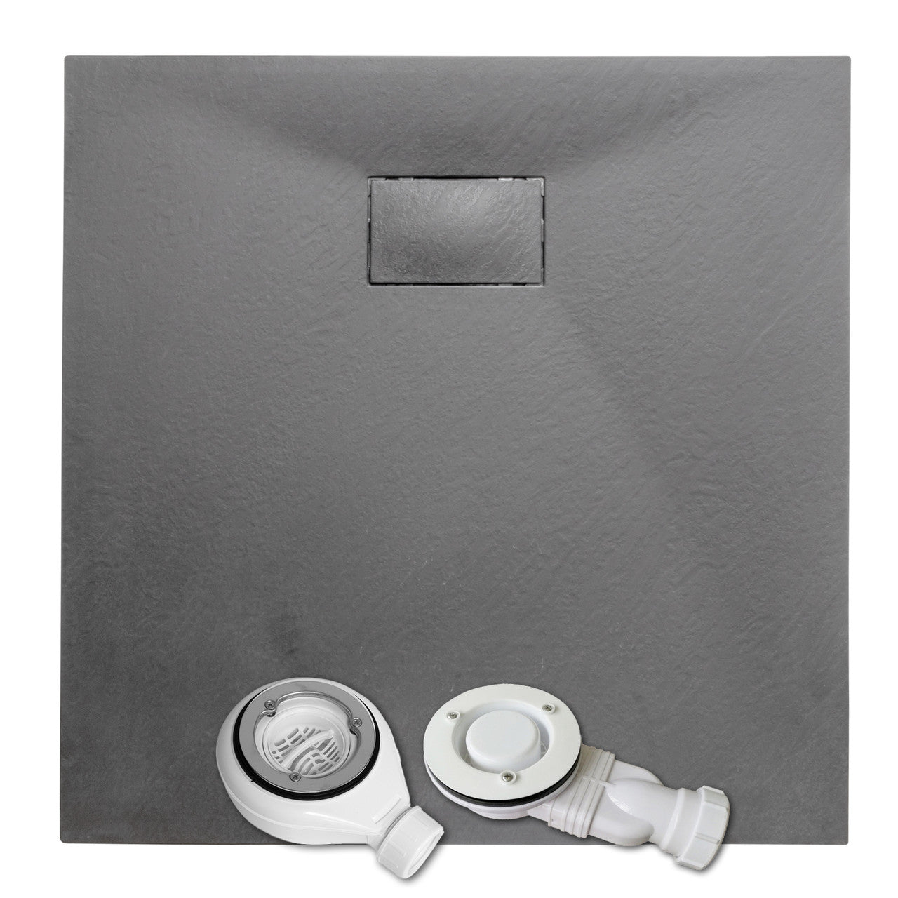Grey SMC Shower Trays with Solid Drain Cover and Waste Options