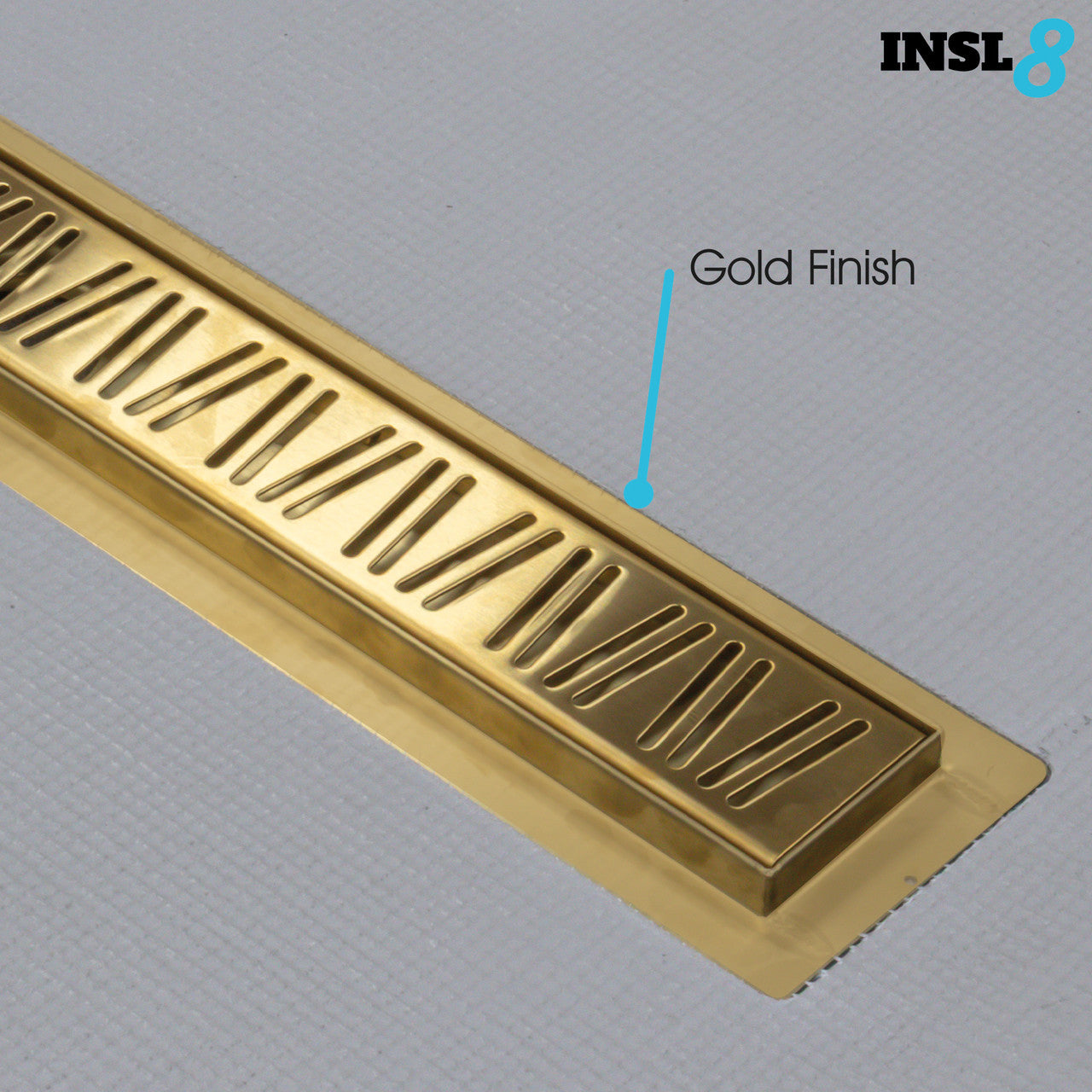 Linear Wetroom Shower Tray with Gold Grate Closeup