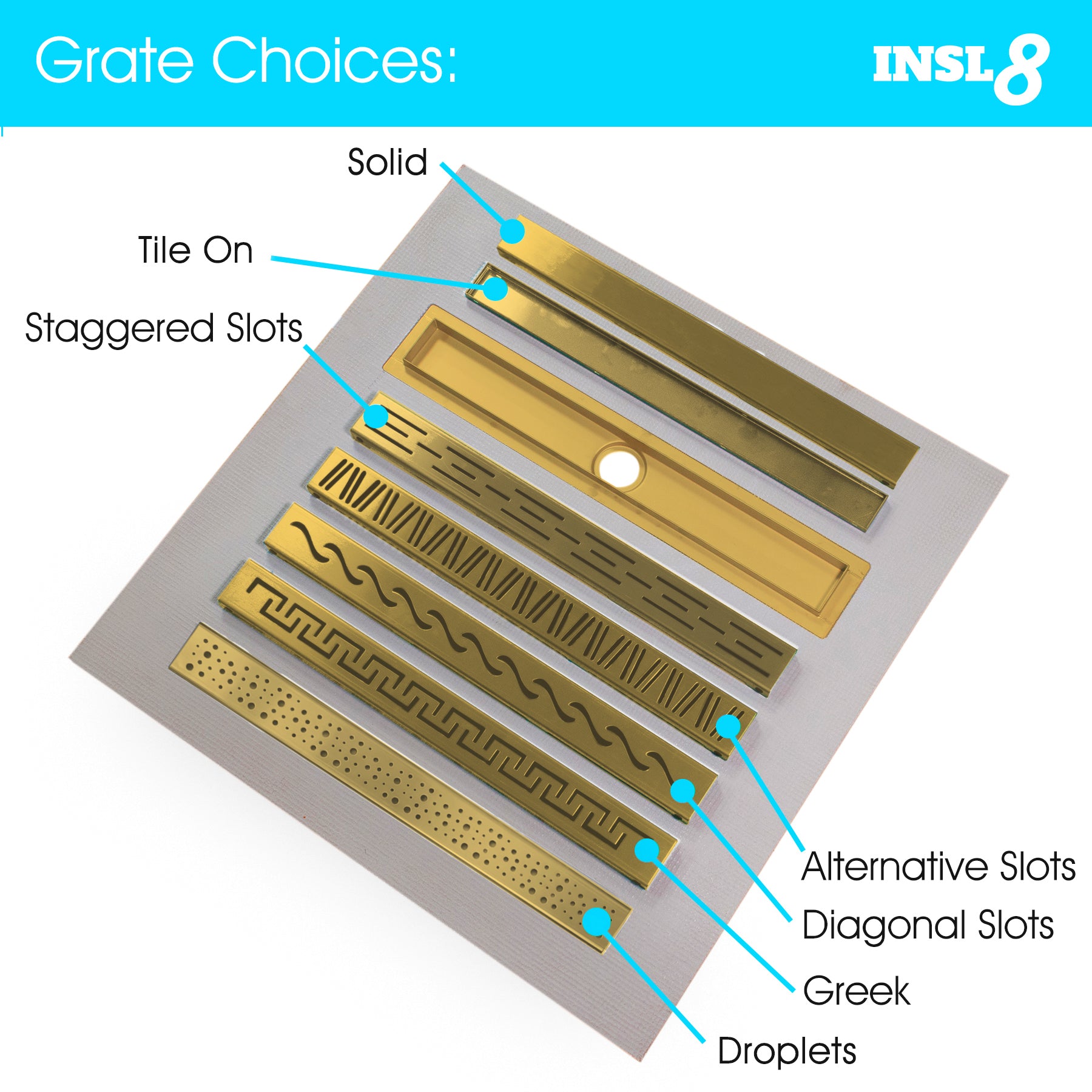 Shower Tray with Linear Drain - Longside Drain Position - Gold