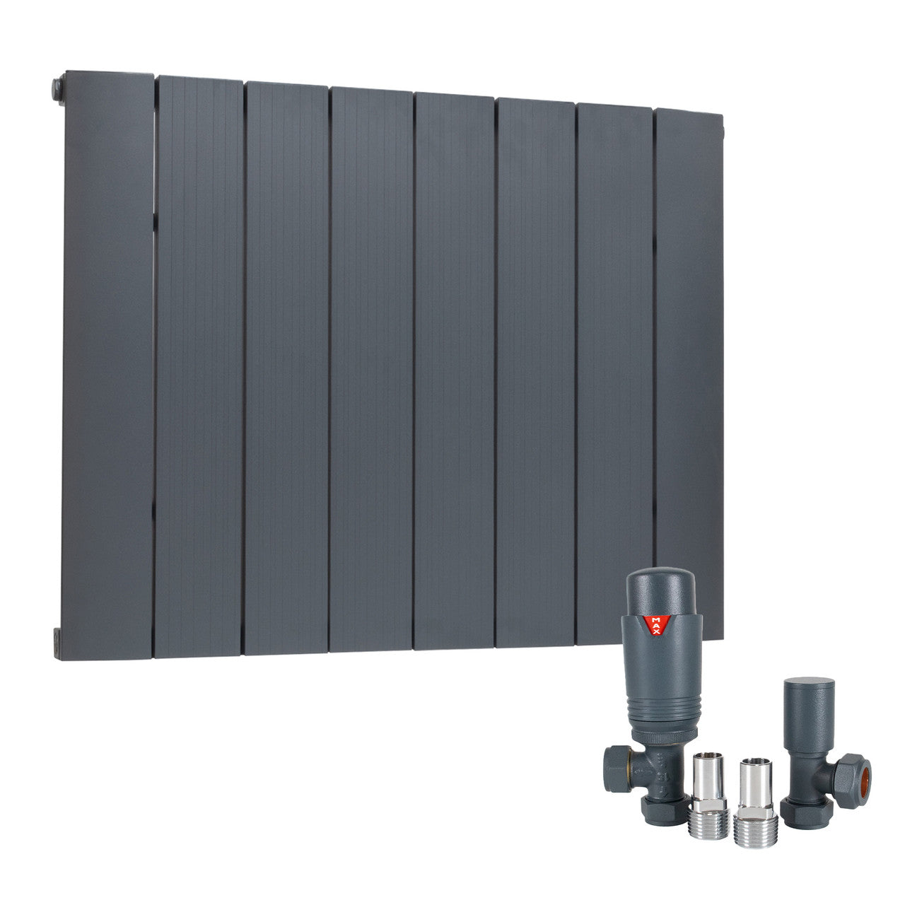 Radiator Anthracite Aluminium Single Horizontal 600 x 755mm with Angled TRV Set