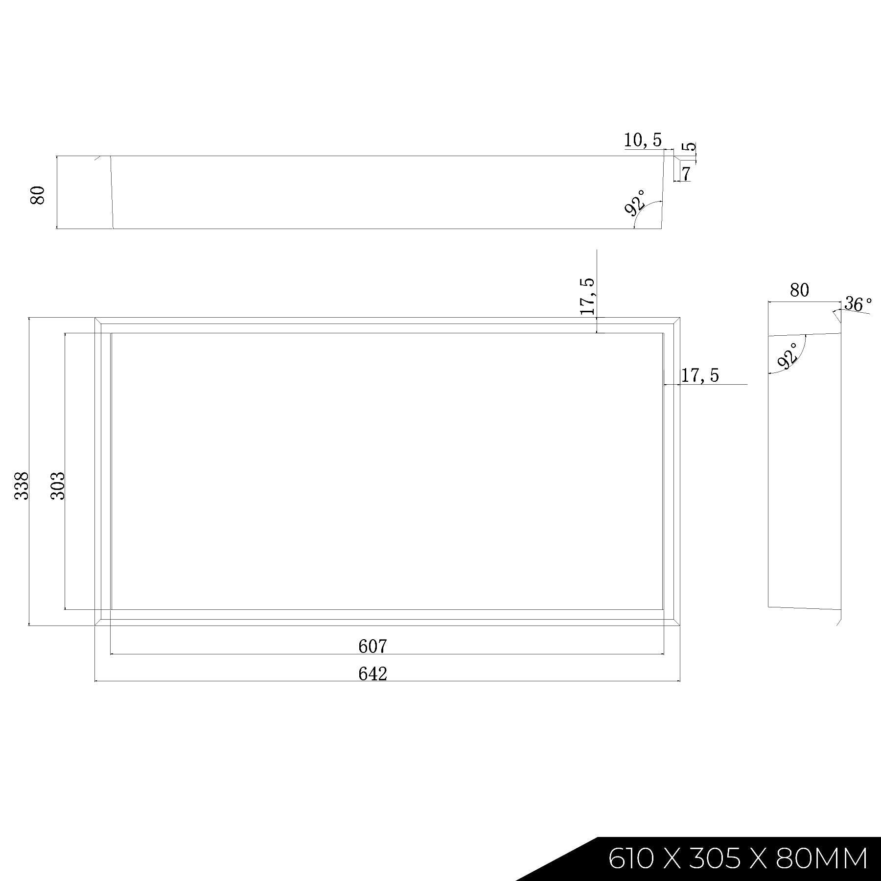 Stainless Steel Slimline 80mm Shower Niches - Satin Gold