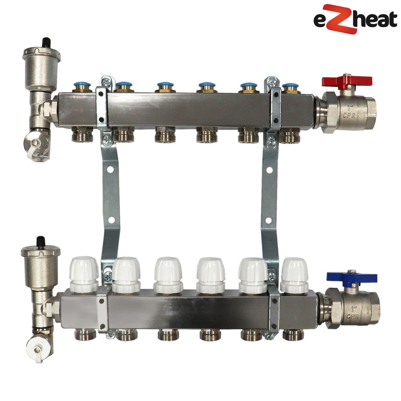 6 Port Stainless Steel Wall Hung Radiator Manifold with Auto Air Vent & Manual Lock Shields