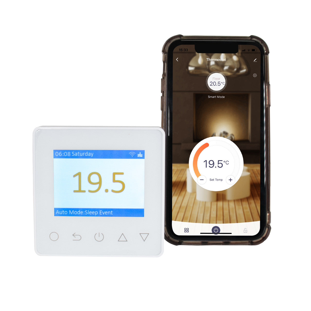 EzHeat T8400 White Smart Thermostat - Screen On With Smart Phone App