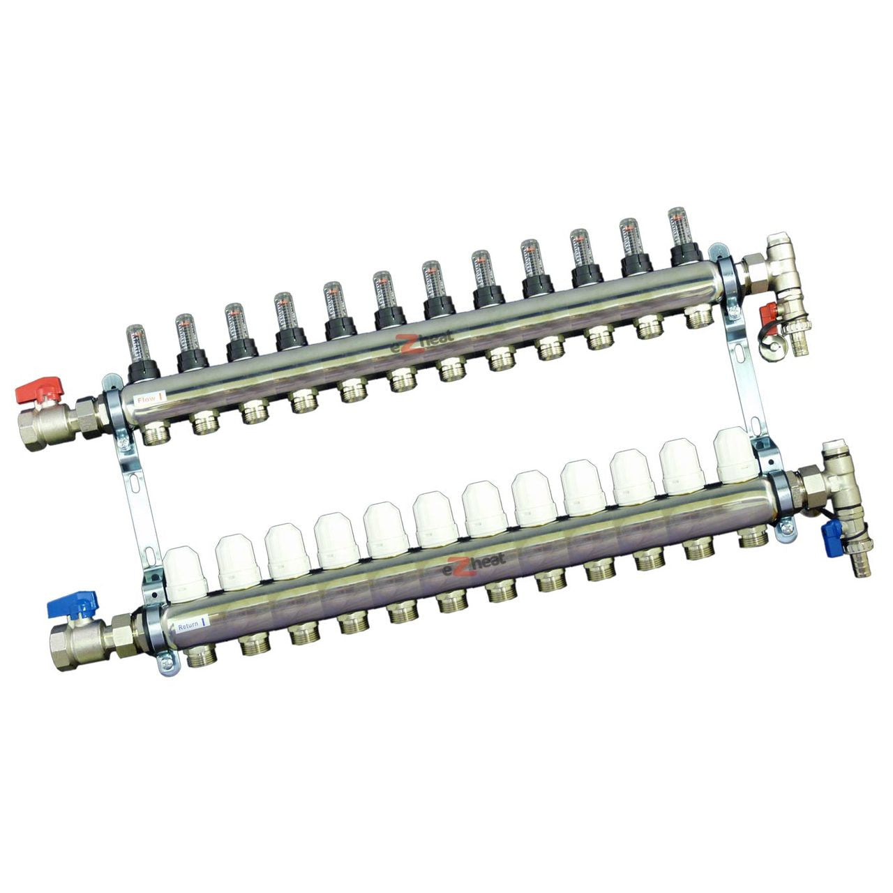 Stainless Steel 12 Port / 12 Loop Underfloor Heating Manifold c/w Ball Valves